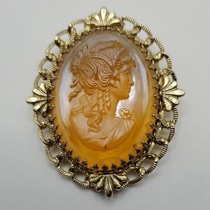 Vintage Amber Colored Raised Relief Cameo Brooch